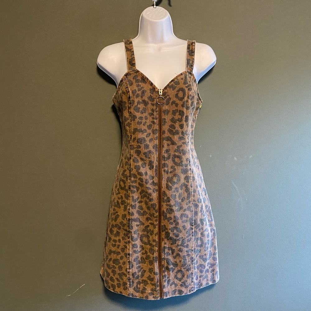 Leopard Print Denim Zip-Front Dress